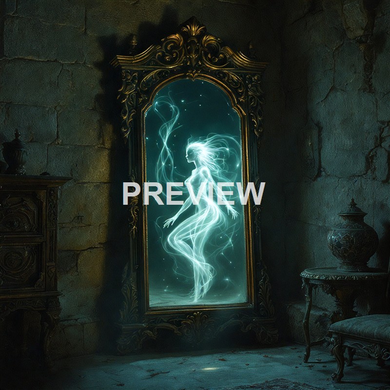 A glowing, ethereal female figure with flowing hair and a lithe form is depicted inside a vintage, ornate mirror in a dark, cracked stone room, creating a mystical atmosphere.